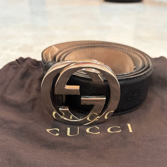Gucci Guccisima Men’s Black Leather Belt with Silver Buckle Mint Condition